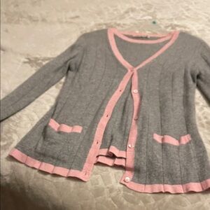 2 Piece Pure Cashmere Gray Cardigan with Pink Trim and Short Sleeve Pullover